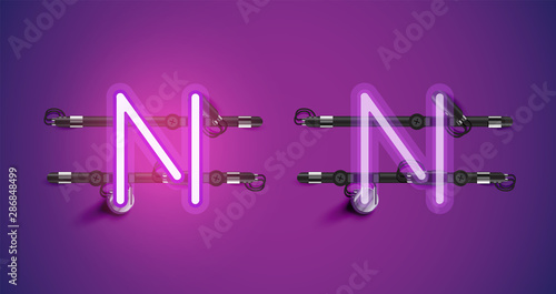 Realistic glowing purple neon charcter on and off