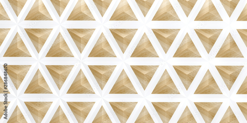 Abstract geometric background of wooden triangles. White and wooden geometric elements. 3D rendering. Abstract geometric background of wooden triangles. White and wooden geometric elements. 3D rendering.