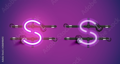 Realistic glowing purple neon charcter on and off