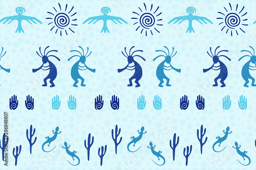 Traditional, design with trickster god, swirl icons on human palm, sun, eagle.