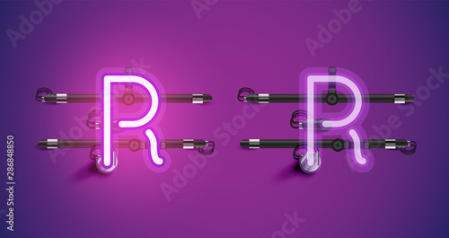Realistic glowing purple neon charcter on and off
