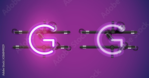 Realistic glowing purple neon charcter on and off