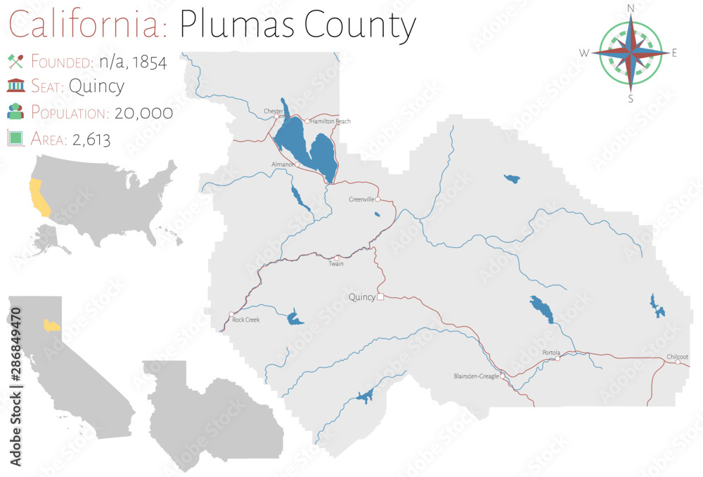 Large and detailed map of Plumas county in California, USA Stock Vector