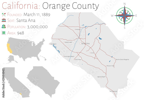 Large and detailed map of Orange county in California, USA