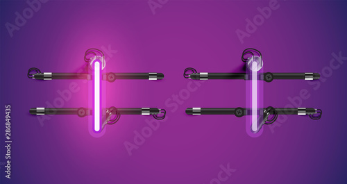 Realistic glowing purple neon charcter on and off