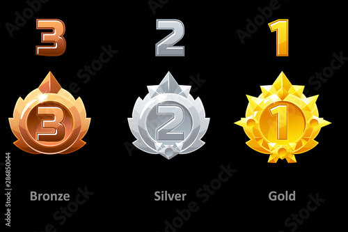Awards medals gold, silver and bronze. Rewards 1st , 2nd and 3rd place for Gui Game. Vector template award, Objects on a separate layer.