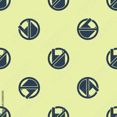 Blue Say no to plastic bags poster icon isolated seamless pattern on yellow background. Disposable cellophane and polythene package prohibition sign. Vector Illustration