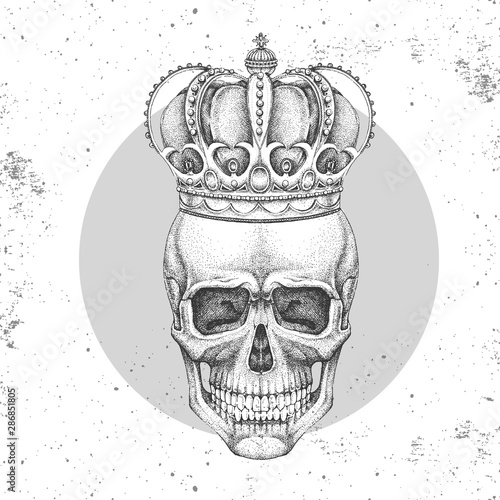 Hand drawing hipster skull with crown on grunge background. Hipster fashion style