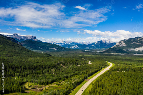 Aerial view of landscape leading into Jasper National Park in Alberta, Canada