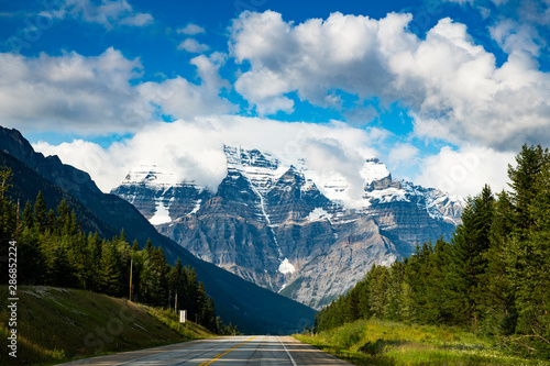 Scenic view of Mount Robson summit on Yellowhead Highway, British Columbia, Canada