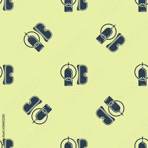 Blue Diving mask and aqualung icon isolated seamless pattern on yellow background. Oxygen tank for diver. Extreme sport. Sport equipment. Vector Illustration