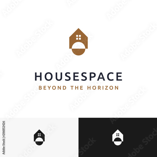 A futuristic house logo. It's combination between a house and planet or horizon shape.