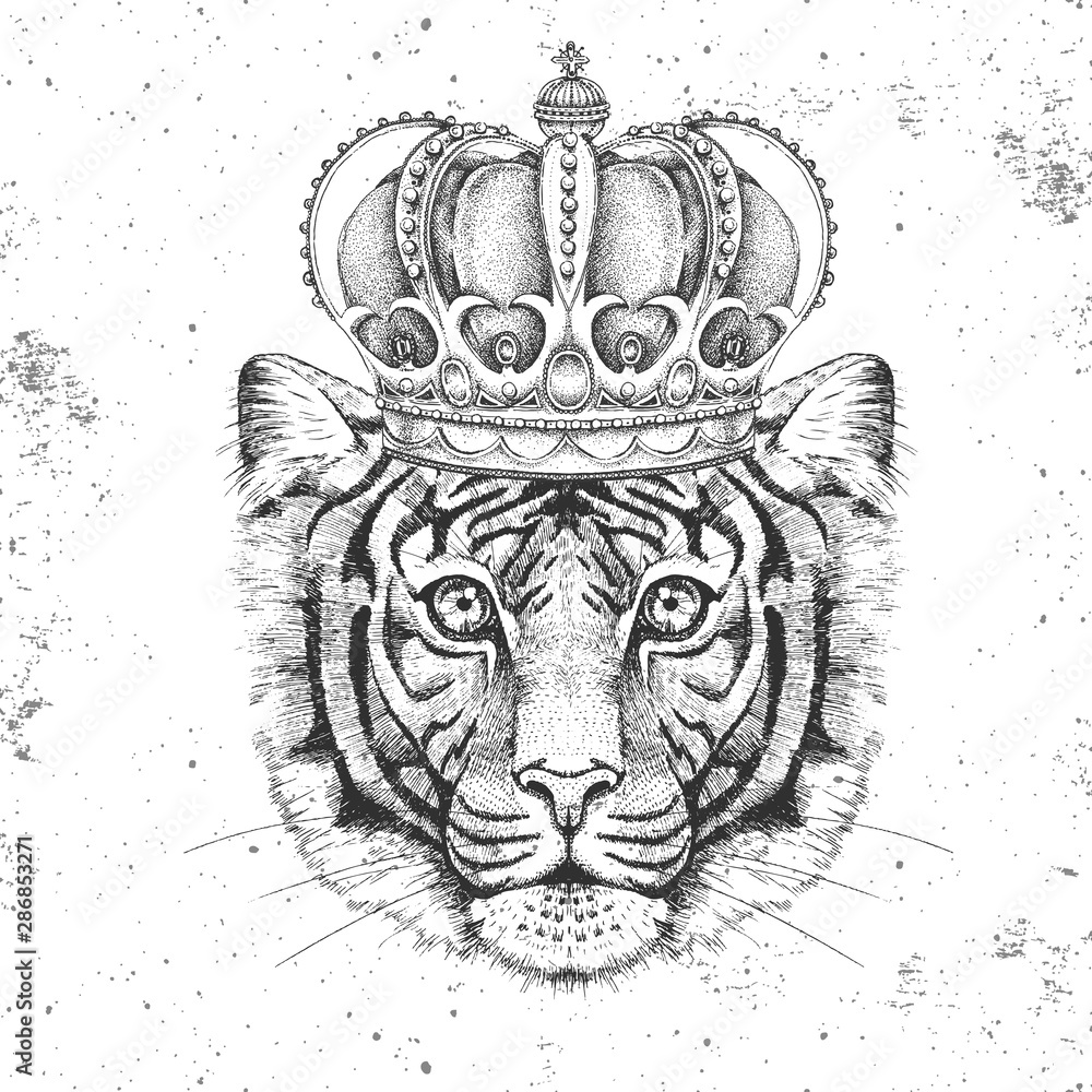 Fototapeta premium Hipster animal tiger in crown. Hand drawing Muzzle of tiger