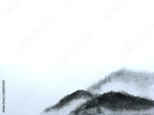 watercolor ink landscape chinese mountain fog . Traditional oriental. asia art style.isolated on a white background 