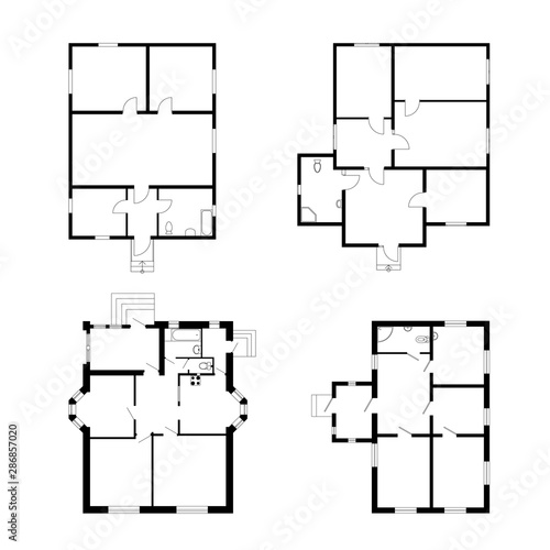 Set of ground floor blueprints. Vector unfurnished floor plans for your design. Suburban house set.
