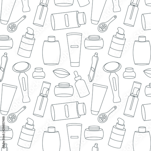 Sketch seamless of the cosmetics products. Body and face care products pattern. Outline fashion background.