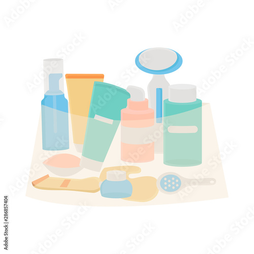Cosmetic bag with cosmetics products for store and travell. Flat vector set.