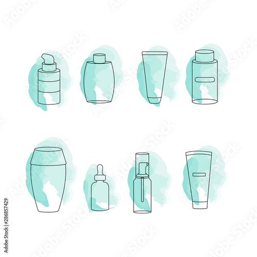 Sketch cosmetics products with watercolor background.  Face and body care products collection.