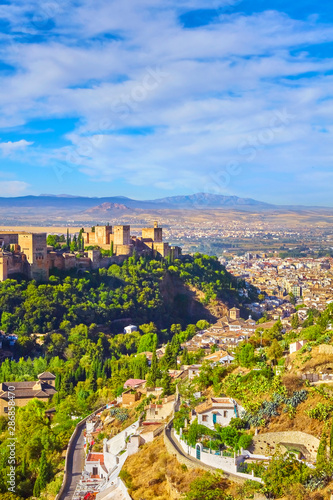 Panoramic view of the Alhambra and Granada and the Sacromonte in Spain.