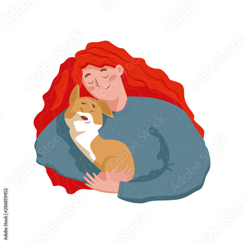 Happy Young Woman holding and hugging a cute puppy. In Flat style isolated vector character illustration