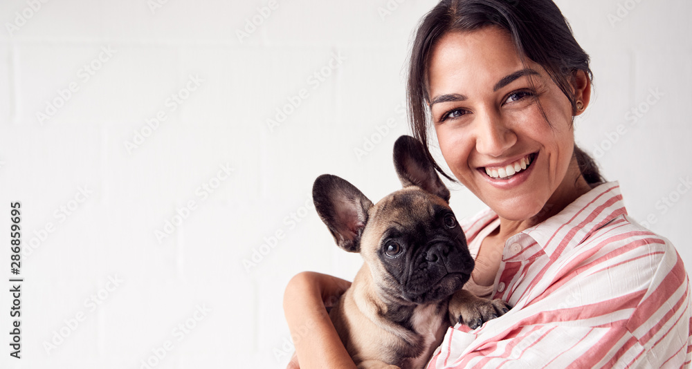 Studio Portrait Of Smiling Young Woman Holding Affectionate Pet French Bulldog Puppy - obrazy, fototapety, plakaty 