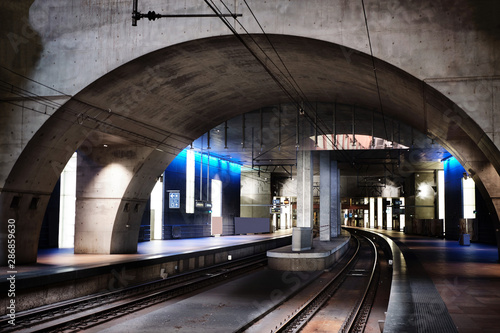 Subway in Brussels illuminated with blue light