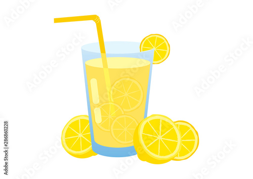 Glass of lemonade with lemons vector. Halved lemon vector. Glass of lemonade isolated on a white background. Lemon slice icon. Yellow lemon vector