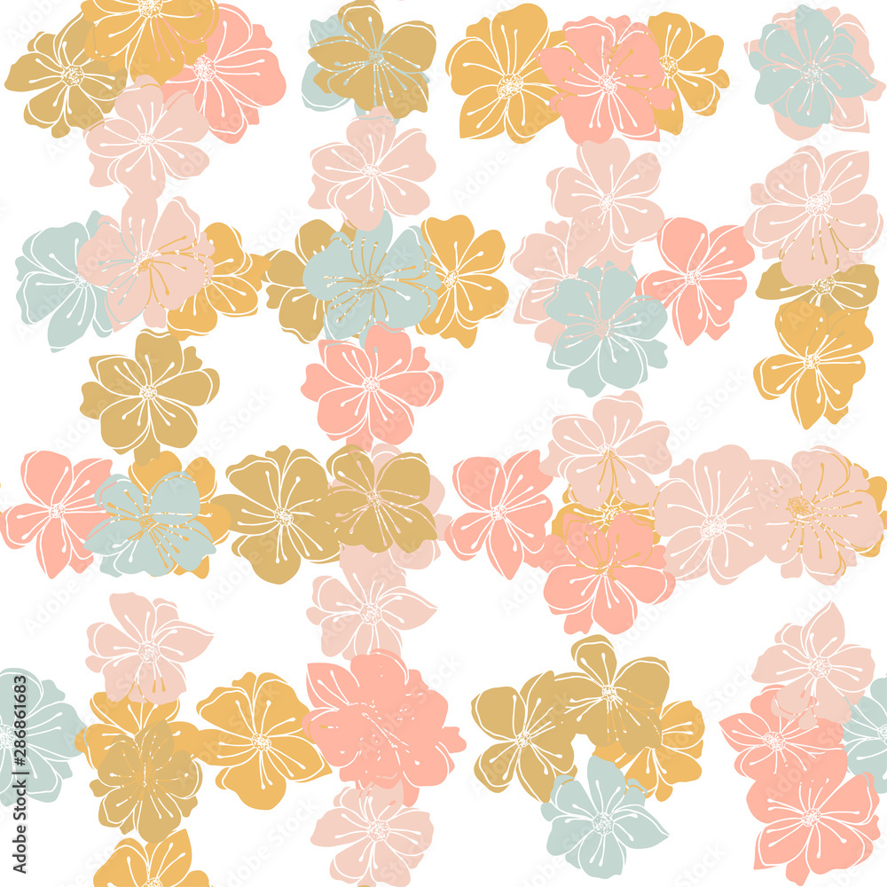 Anemone or windflower poppies flowers background. Floral vector seamless pattern with hand drawn stylized floral elements in pastel colors.