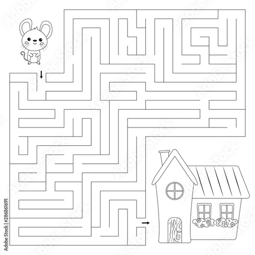 Coloring page for kids. Maze game. Help the mouse find right way to the house. Cute kawaii character. Outline illustration. Educational worksheet.