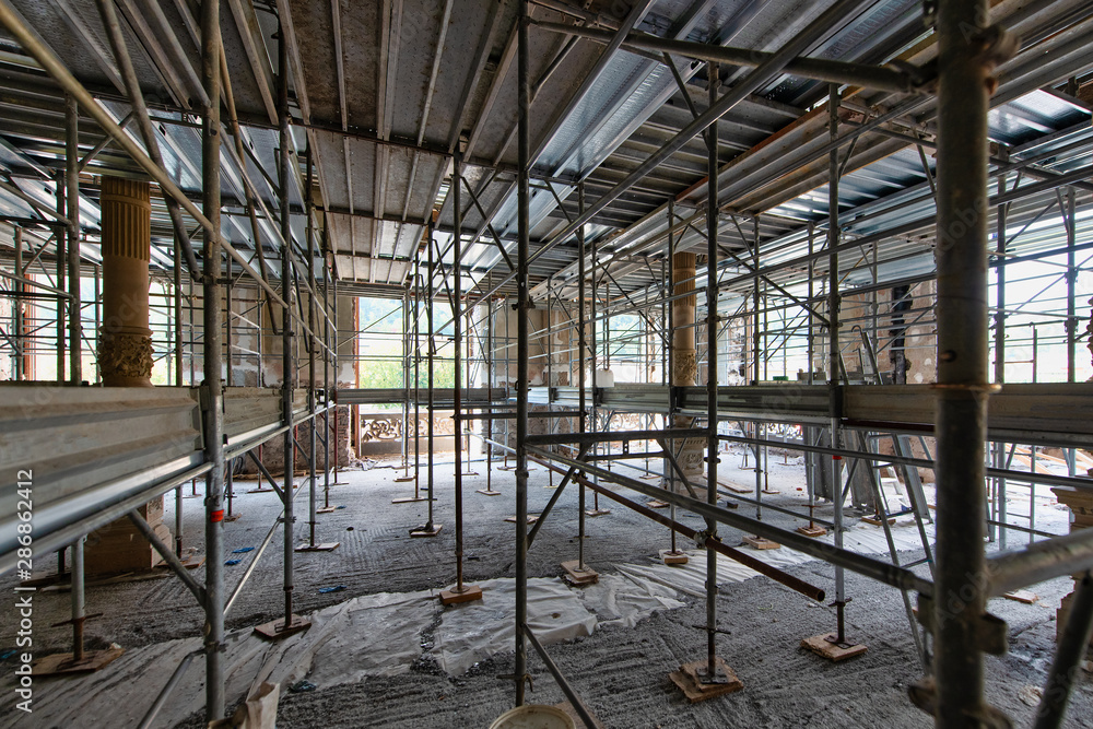 Internal construction site with scaffolding