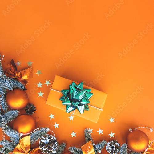 Christmas composition.  Background with gift box and decorations.  Copy space.  Holiday concept.