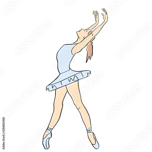 Ballerina in ballet tutu and pointe shoes on her toes. Classical dancer silhouette in elegant pose. Vector flat illustration. Isolated hand drawn black contour and pastel colors.