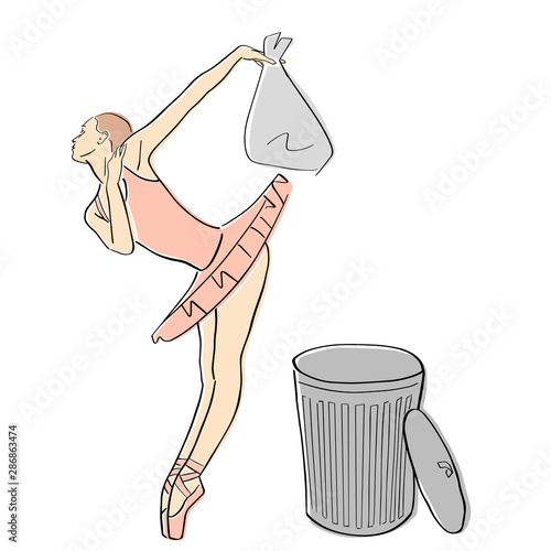 Ballerina in ballet tutu and pointe shoes throws a bag of garbage into trash bin. Classical dancer against nature pollution. Vector flat illustration. Isolated hand drawn contour and pastel colors.