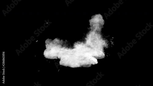 Bullet hits dry earth/mud/sand causing dusty burst and scattering of stones. The dust settles on the ground. Separated on pure black background, contains alpha channel.
