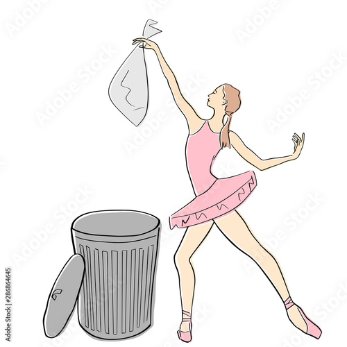 Ballerina in ballet tutu and pointe shoes throws a bag of garbage into trash bin. Classical dancer against nature pollution. Vector flat illustration. Isolated hand drawn style.