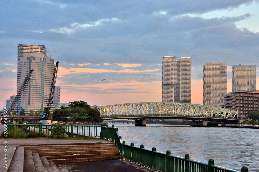 隅田川から眺める夕暮れの豊洲ビル群 隅田川から眺める夕暮れの豊洲ビル群