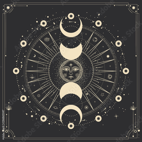 Vector illustration set of moon phases. Different stages of moonlight activity in vintage engraving style. Zodiac Signs