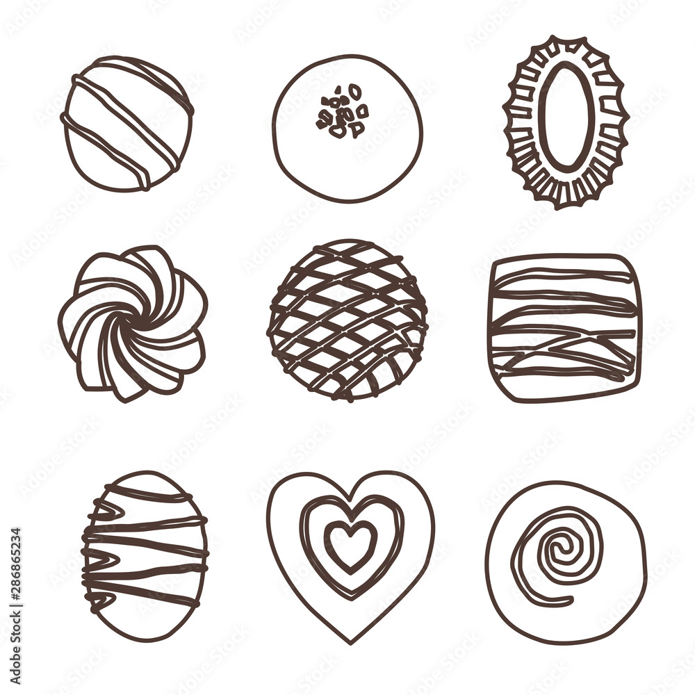 Hand drawn collection chocolate candies. Milk, dark and white chocolate bonbon and pralines. Candy with nuts. Isolated cocoa production. Outline bonbon