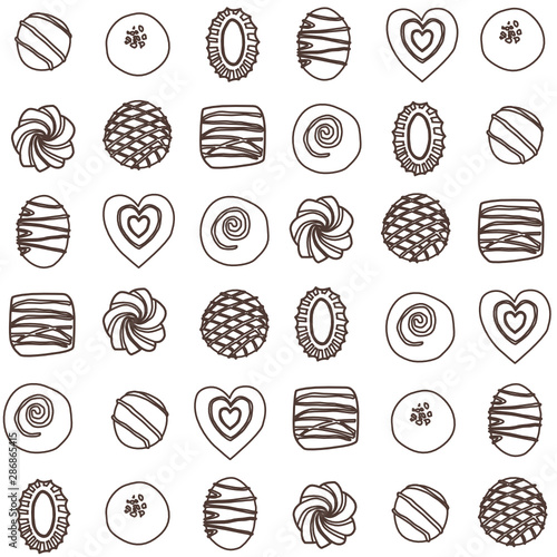 Hand drawn vector collection chocolate candies. Vector bonbon seamless pattern. Background with milk, dark and white chocolate pralines.  Vector isolated cocoa production. Outline Background