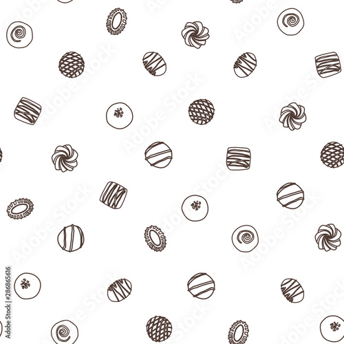 Hand drawn vector collection chocolate candies. Vector bonbon seamless pattern. Background with milk, dark and white chocolate pralines.  Vector isolated cocoa production. Outline Background