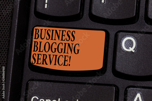 Writing note showing Business Blogging Service. Business photo showcasing publishing shortform content of a business Keyboard key Intention to create computer message pressing keypad idea photo