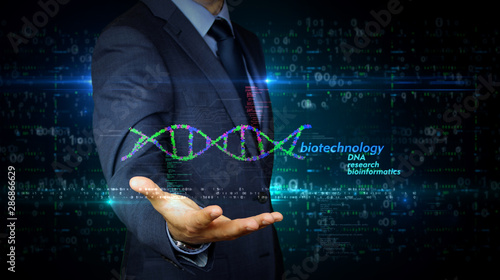 Businessman touch screen with biotechnology and DNA helix hologram