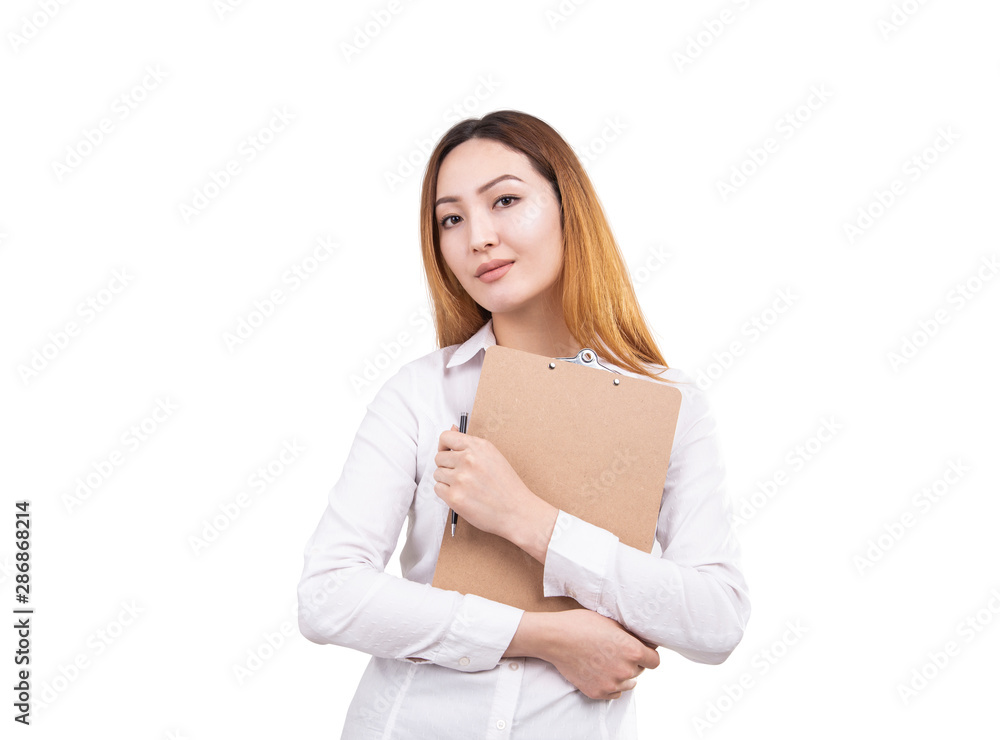 Serious Asian woman with clipboard and pen Serious Asian woman with clipboard and pen