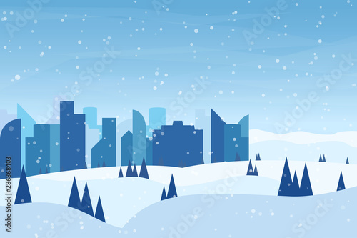 Winter minimalistic landscape. Vector flat illustration. Snowfall. City near the park. Trees on the slopes. Simple background with free space for text