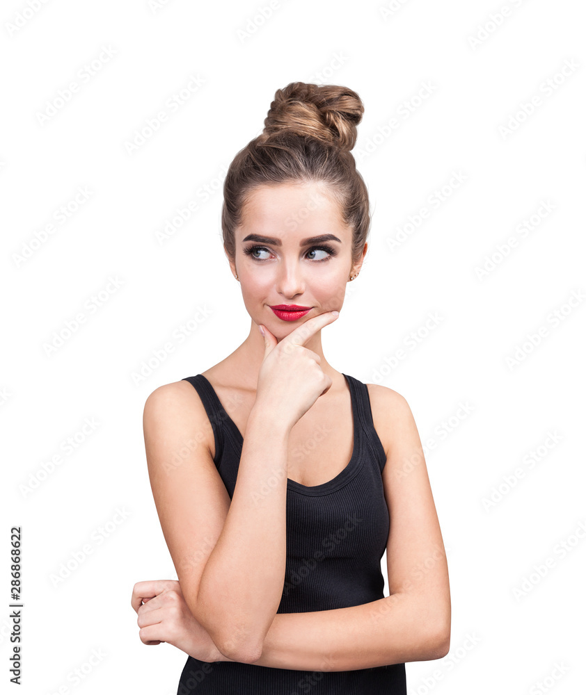 Thoughtful young casual woman looking sideways