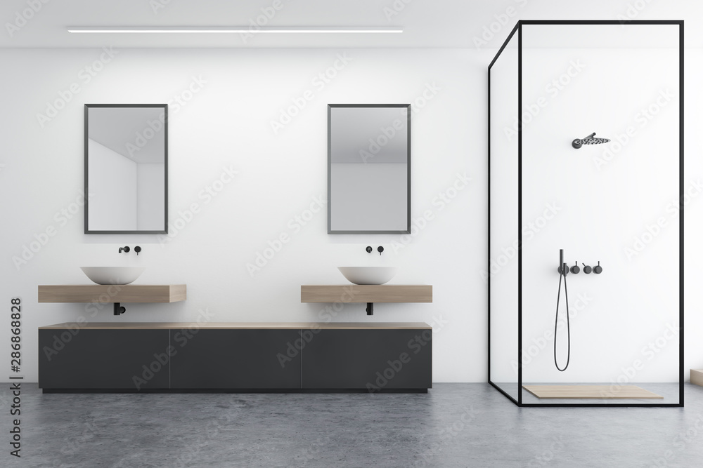 White bathroom interior, sink and shower White bathroom interior, sink and shower
