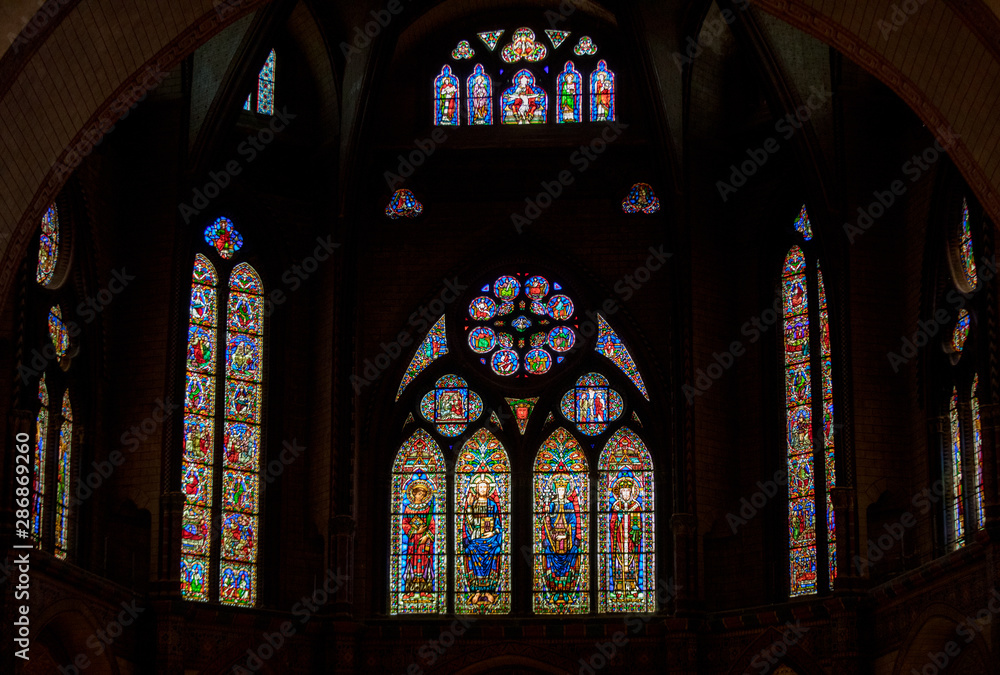 Stained glass windows at Saint Etienne Cathedral in Cahors, Occitanie, France