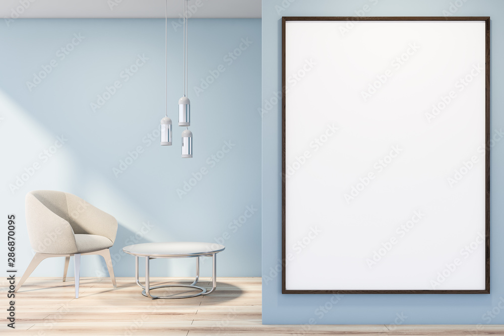 Plakat Niebieski salon z fotelem i plakatem