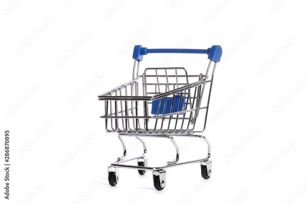 Empty metal shopping trolley isolated on white Empty metal shopping trolley isolated on white