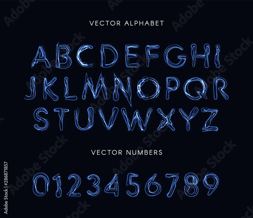 Blue lightning style letters and numbers set. Unusual plasma font, electricity lines alphabet, magic abc. Vector typeset.